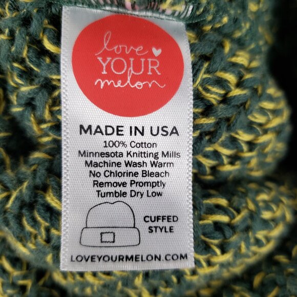 Love Your Melon Pom Beanie Cuffed Green Gold Knit Cotton Winter Warm Hat - Picture 5 of 5